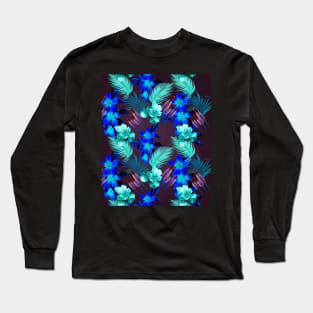 Palm Leaves And Flowers, Blue Purple Long Sleeve T-Shirt